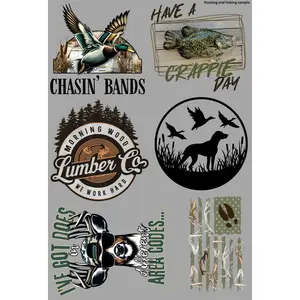 Hunting and Fishing Sample Gang Sheet  DTF Transfers Gang Sheet 24.5” wide x 36” long DIY Direct to Film T Shirt Transfers