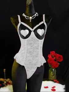 Christmas Sexy Lace Patchwork Mesh Cut-Out Thong Women's Jumpsuit with Steel Ring, 3 Piece Set, Perfect for Romantic Nights and Weddings
