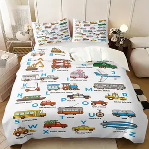 Alphabet Vehicle Print Duvet Cover Set, One Comforter Cover and 1/2 Pillowcases without Core,  ABC Transportation Car Theme Kids Quilt Cover,  All Season Kids Nursery Bedding Decor, Soft Comfortable