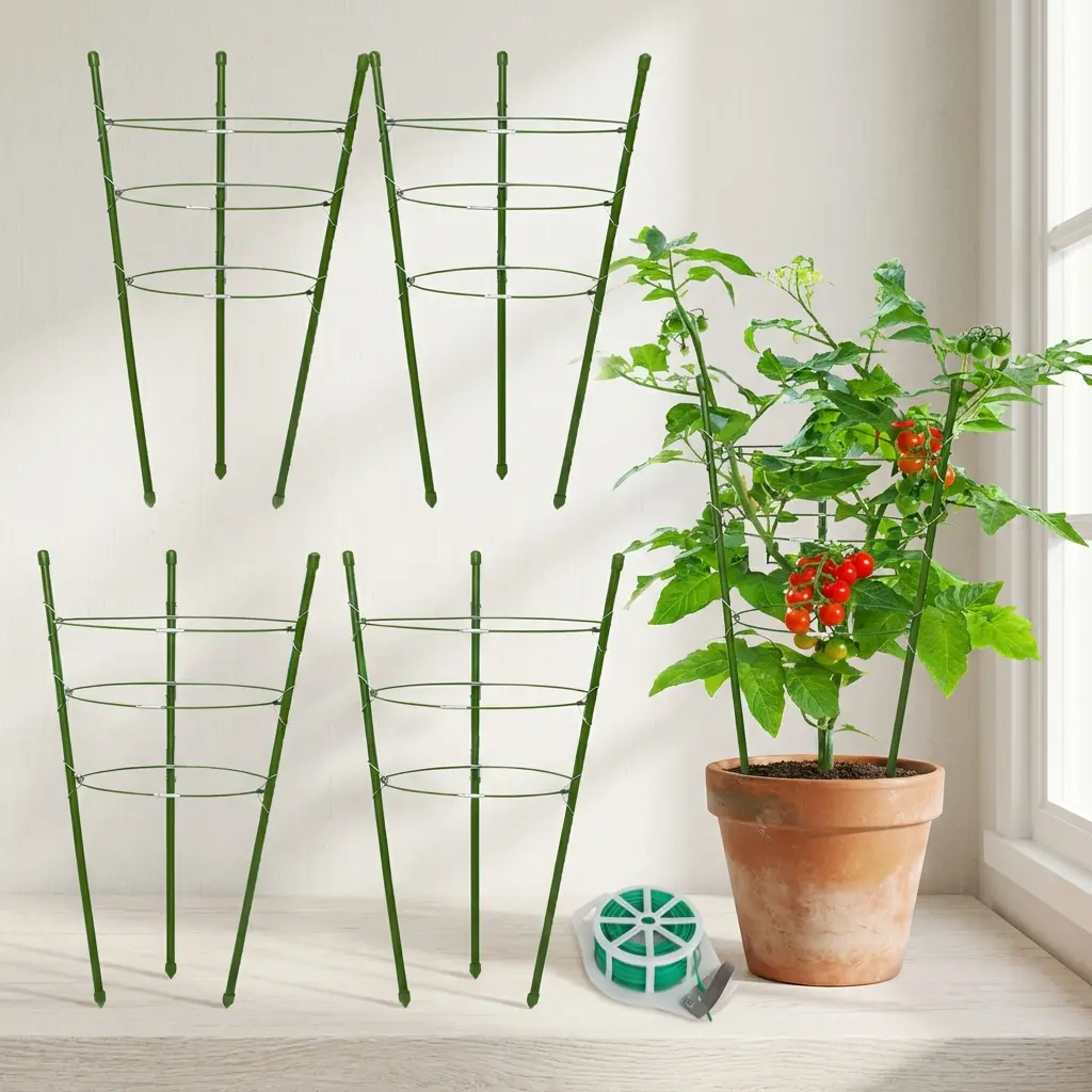 4Pcs 18in Steel-Plastic Stackable Garden Plant Support Cages, 3-Ring Adjustable Reusable Frames, Tomato Climbing Extension Poles, 20m Cable Ties & Labels Included