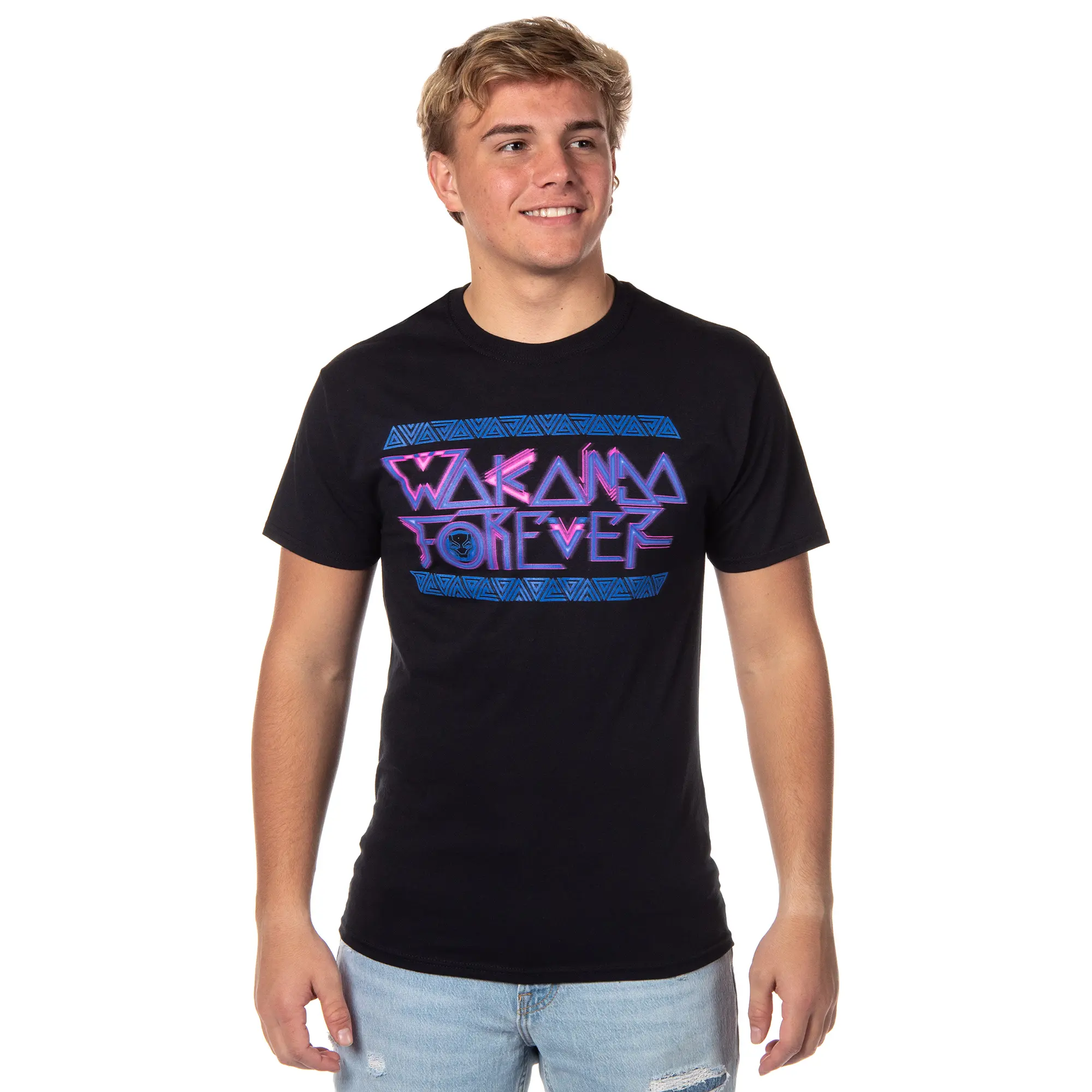 Black Panther Wakanda Forever Men's Neon Tribal Logo Adult T-Shirt