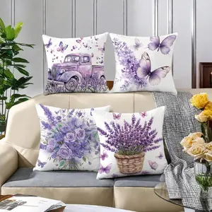 Lavender Pattern Cushion Cover, 4 Counts/set Square Throw Pillow Cover, Household Decoration Supplies for Home Living Room Bedroom Sofa Couch