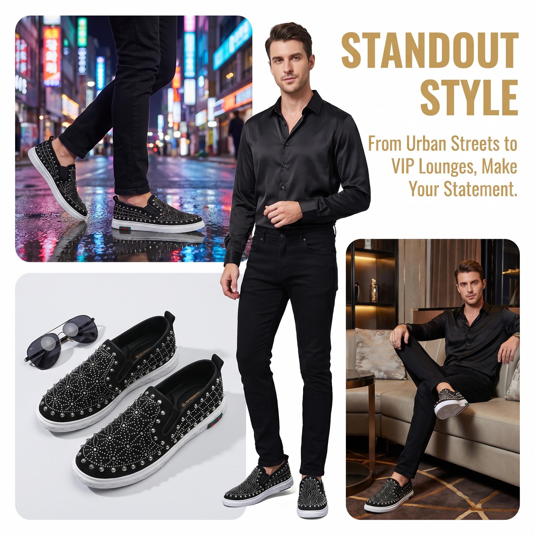 Men's Luxury Rhinestone & Rivet Studded Slip-On Loafers - Fashion Bling Platform Sneakers, Comfortable Sparkly Walking Shoes for Nightclub, Party, Prom