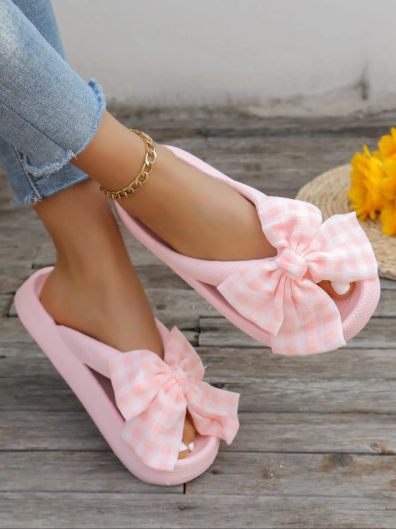 Women's Cute Plaid Bowknot Design Slippers, 1 Pair Casual Soft Comfortable Home Slippers, Non-slip Slippers for Indoor & Outdoor Wear