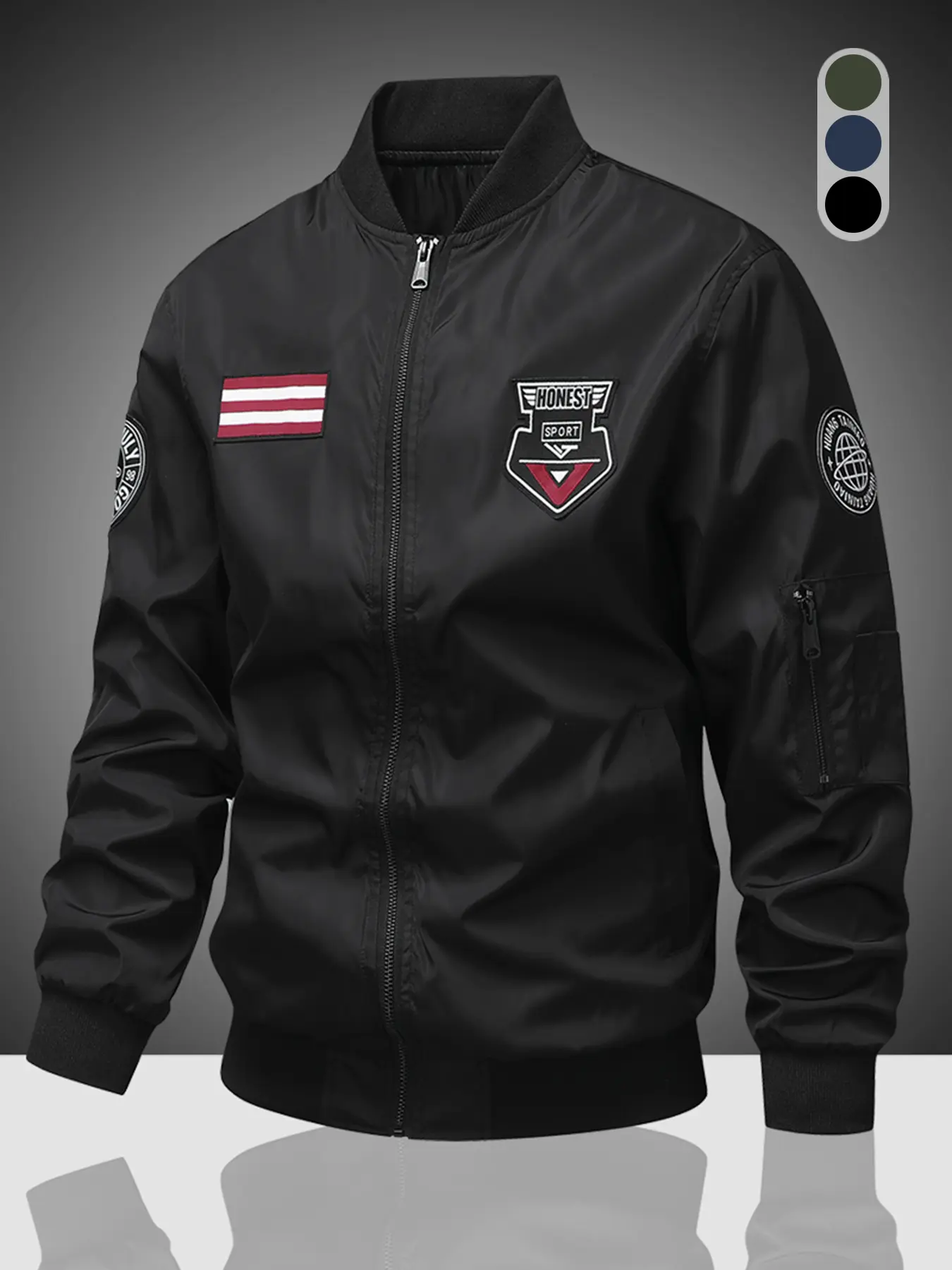 Men's Casual Patch Bomber Jacket, Long Sleeve Full-Zip Fall Coat with Ribbed Cuffs, Regular Fit for Campus Wear, Menswear, Coats