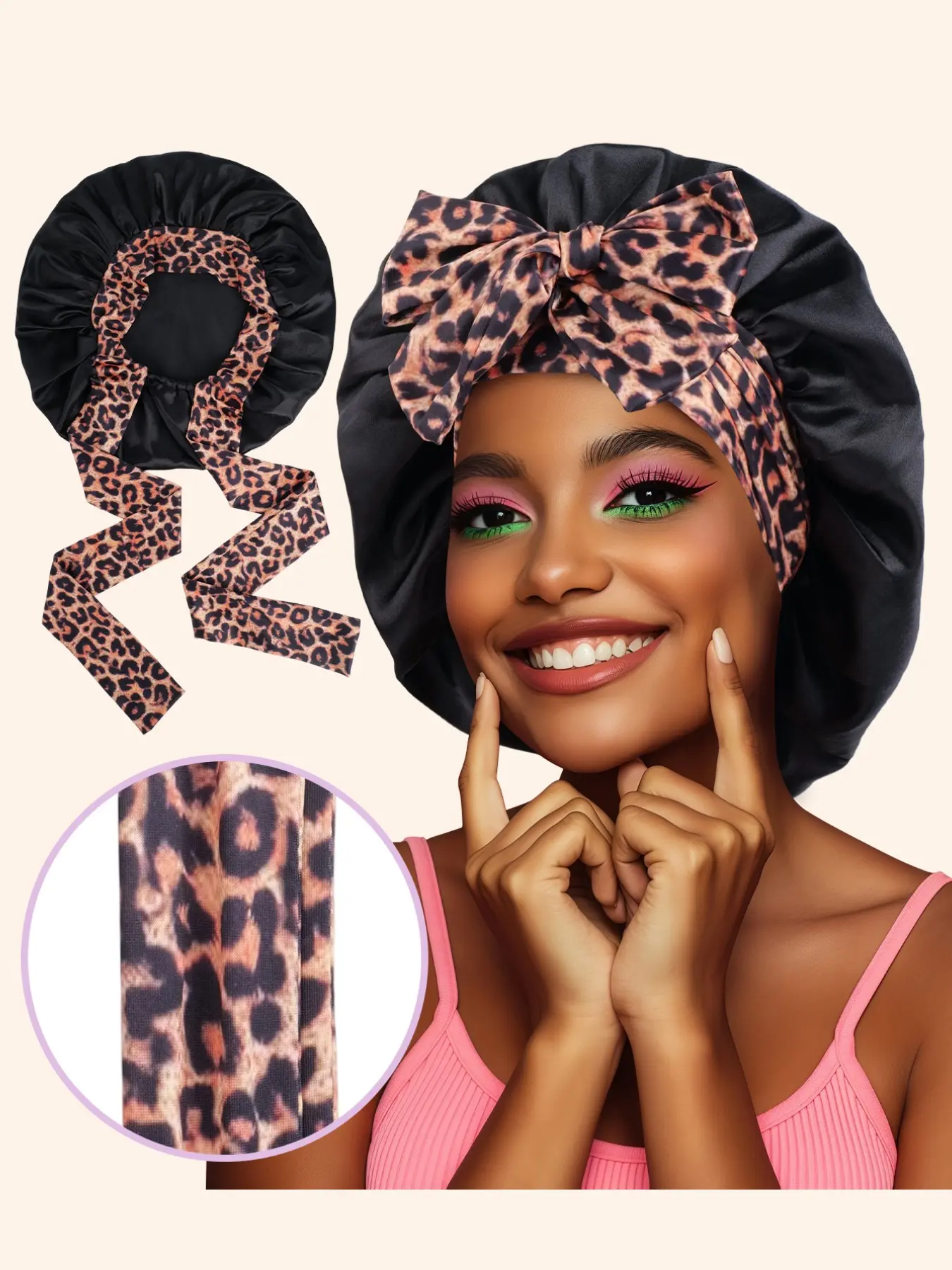 Leopard Print Elastic Band Butterfly Knot Sleep Cap, Luxurious Comfortable Sleep Hat, Wide Brim Satin Sleep Cap, Hair Protection, Sleeping Bonnet, Sleep Bonnets