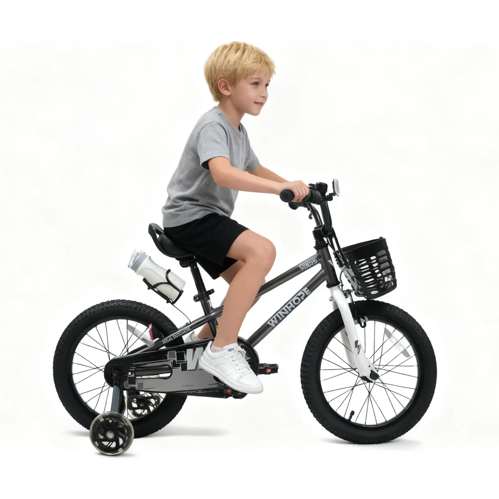 Winhope Hero Kids’ Bicycle for Ages 2–9 | 12–18-inch model with light-up auxiliary wheels, front basket, water bottle holder | 95% preassembled, dual brakes, adjustable seat and handlebars