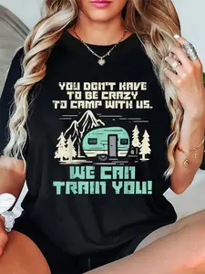 100% Cotton Crazy Camp With Us Funny Camping Van RV Camper Men Women T-Shirt Short Sleeve T-Shirt Women's Men's Graphic Tee Causal Tops