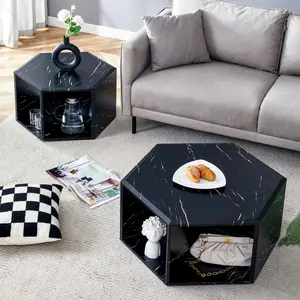 Minimalist white patterns hexagonal Coffee Table Set.Hexagonal MDF coffee table, characteristic pattern stickers, multi-hole design to give more storage space.Two coffee tables of different sizes. On-Site