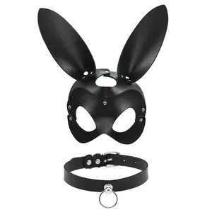 OIDEA Women's Adjustable PU Leather Bunny Mask & Choker Set - Smooth, Soft Party Accessory for Cosplay, Festive Costumes