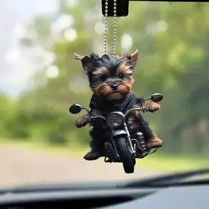Acrylic Car Pendant Puppy Riding A Motorcycle Hanging Pendant Rearview Mirror Ornament Animal Pendant Car Interior Accessories