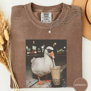 Comfort Colors Funny Goose Drinking Iced Coffee Shirt, Bird Meme Graphic Tee, Silly Novelty Shirt, Sarcastic Gift, Funny Shirt Women Men GF