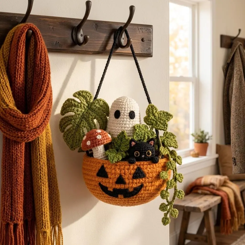 Crochet Pumpkin Plant Decor, Handmade Hanging Basket with Ghost Cat & Mushroom, Cute Autumn Crochet Decoration, Halloween Gift
