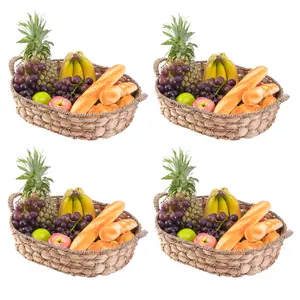 Vintiquewise 4-Piece Large Seagrass Wicker Fruit & Bread Basket Trays with Handles, 5.25x19.5x12.5in Brown Rustic Decoration, Kitchen Food Display Organizer
