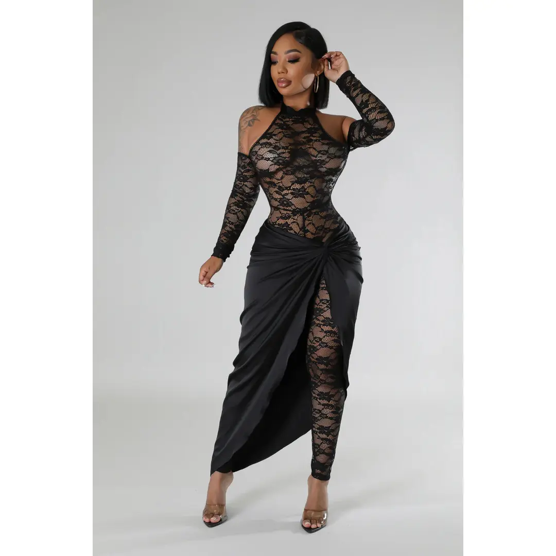 Women's Lace Mock Neck Long Sleeve Jumpsuit Skirt Set