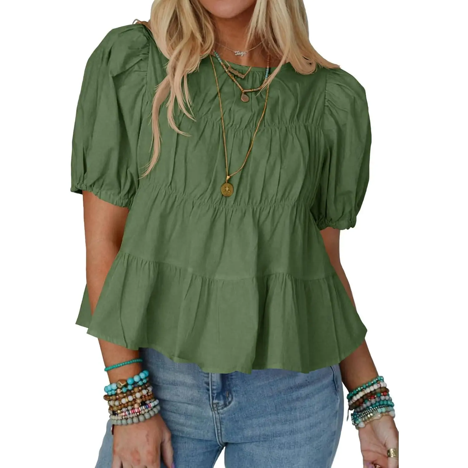 Imily Bela Women's Elegant Puff Sleeve Peplum Blouse, Smocked Cotton Babydoll Top, Comfy Casual Shirt for Going Out OOTD Ideas, Low Iron, Style Inspo, Short Sleeves, Dress Casual