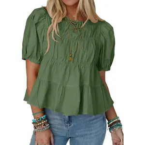 Imily Bela Women's Puff Sleeve Peplum Babydoll Blouse, Basic Summer Smoked Pleated Cotton Fabric Top, Casual Loose-Fit Flowy Shirt, Fitted Peplum Detail, Minimalist Design, Shortsleeve Outfit-Compatible