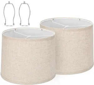 drum lamp shades Set of 2 for table lamps – 11.6" Top x 12.6" Bottom x 9.8" High, Qvtekn Medium Beige Lampshades for floor lamps (Spider Fitter), Natural Linen Handcrafted with Easy Assembly