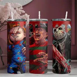 1pc Freddy Krueger, Jason, Michael Myers Horror Movie Icons Thermal Cup - Freddy Krue A-Team Horror Characters (Jason, Freddy, Michael Myers) - 20oz Vacuum Insulated Tumbler with Built-in Straw - 304 Stainless Steel Double-Wall Th