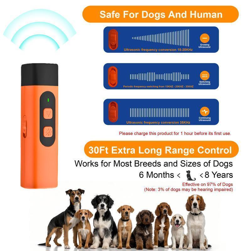 Ultrasonic Dog Bark Deterrent Rechargeable Anti Barking Device 30ft Range with LED Flashlight Portable Training Tool Safe for Small Medium Large Dogs