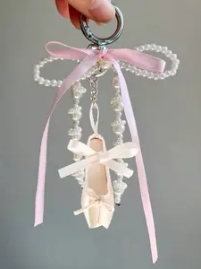 Handmade Ballet Shoe Phone Chain, Mini Satin Keychain with Bead Decoration, Keychain Jewelry, Fashionable Accessory and Personalized Gift for Bags