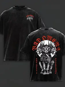 Mens Trendy Black Washed Bad Omens Graphic T Shirt Cerberus Three Headed Wolf Print Short Sleeve Crewneck Cotton Tee Streetwear Top for Metalcore Fans and Everyday Activities