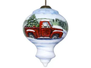 212 MAIN Red Solid Antique Oval Christmas Farm Truck Tree Ornament - Hand-Painted, Mouth-Blown Glass Hangable Ornament, Tassel-Adorned Traditional Festive Indoors Decor, Office Gift Exchanges Holiday Supply