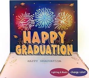Graduation Fireworks 3D pop up Greeting Card, Congratulations personalized gift for high school, college, university master's, Press the button to release “fireworks and cheers” (Blue Gold)