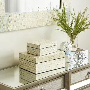 Set of 2 Geometric Cream Mother of Pearl Shell Handmade Storage Decorative Box with Hinged Lid
