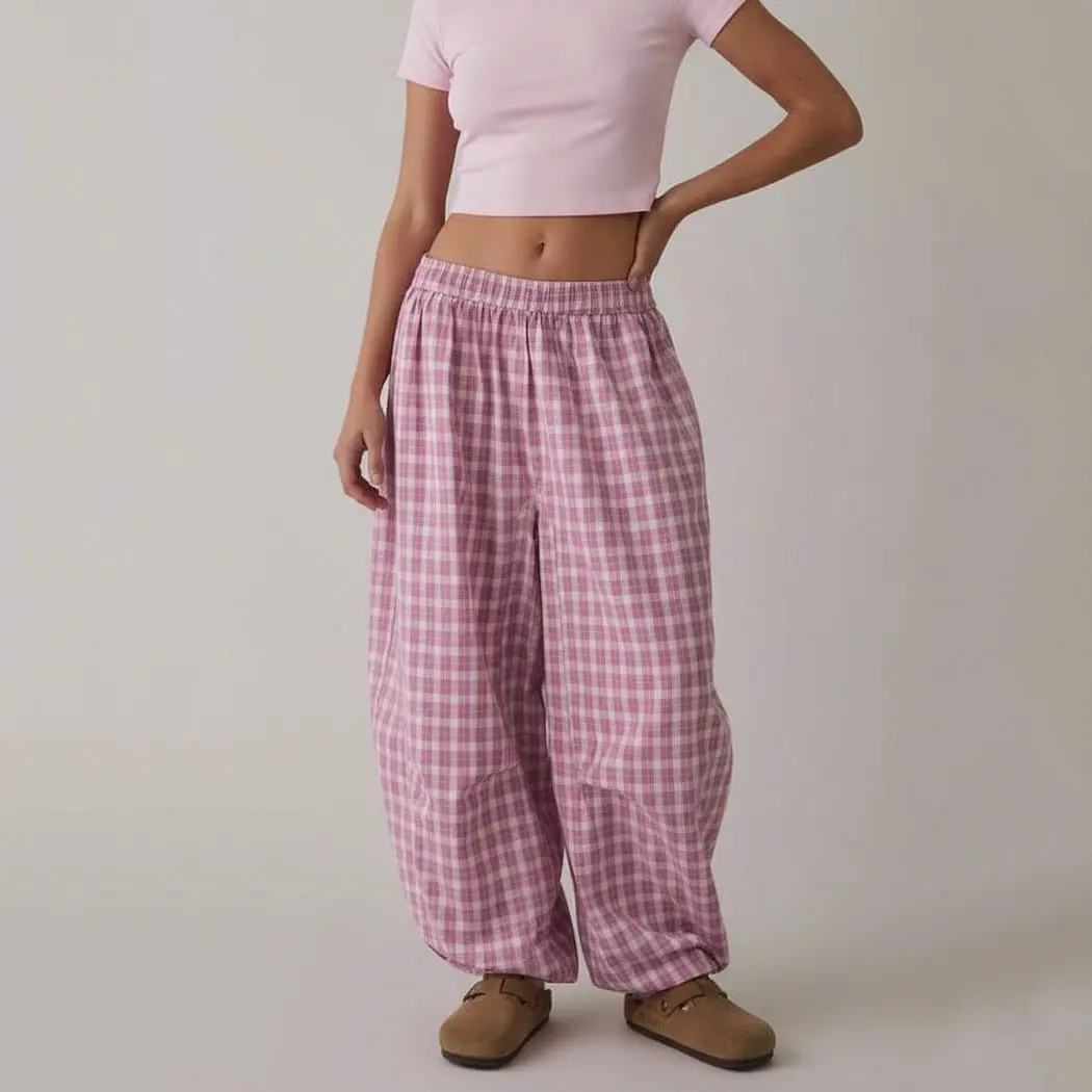 Chouyatou Women's Plaid Baggy Balloon Pants Elastic High Waist Wide Leg Loose Casual Trousers With Pockets