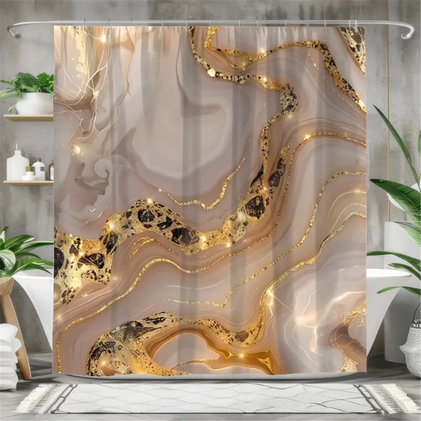 Champagne gold marbled shower curtain set, waterproof shower curtain with 12 hooks, non-slip bathroom carpet, toilet U-shaped cushion, toilet seat cover cushion, bathroom decoration, bathroom shower curtain set, perfect mobile gift