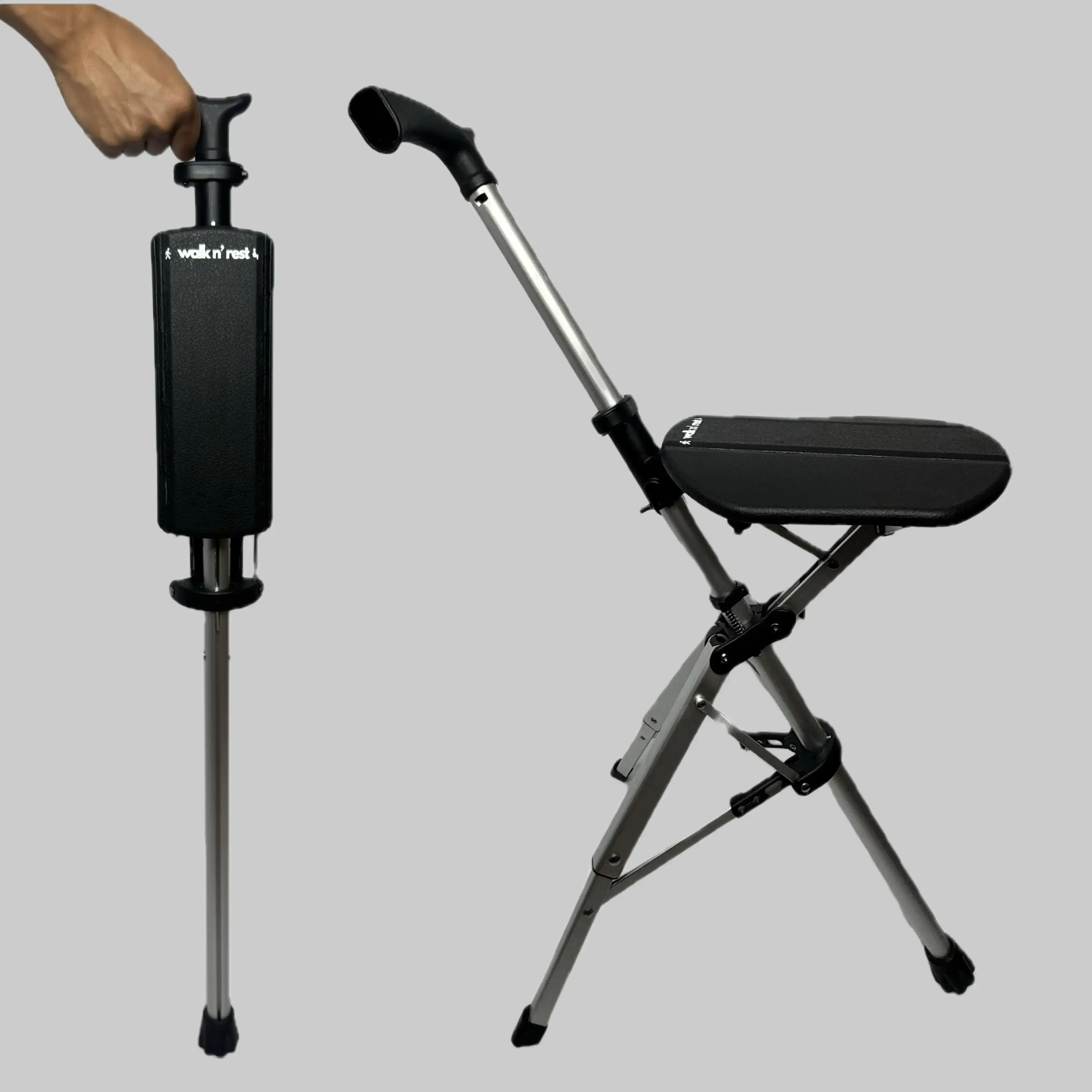 RegalRetail Aluminum Walking Cane - Walk N Rest Hiking Stick for Camping & Outdoor Activities