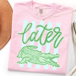 Funny Later Gator Transfer, Summer Beach Ready  Stripes Pink Teacher , Last Day of School  Trendy Coastal Iron On
