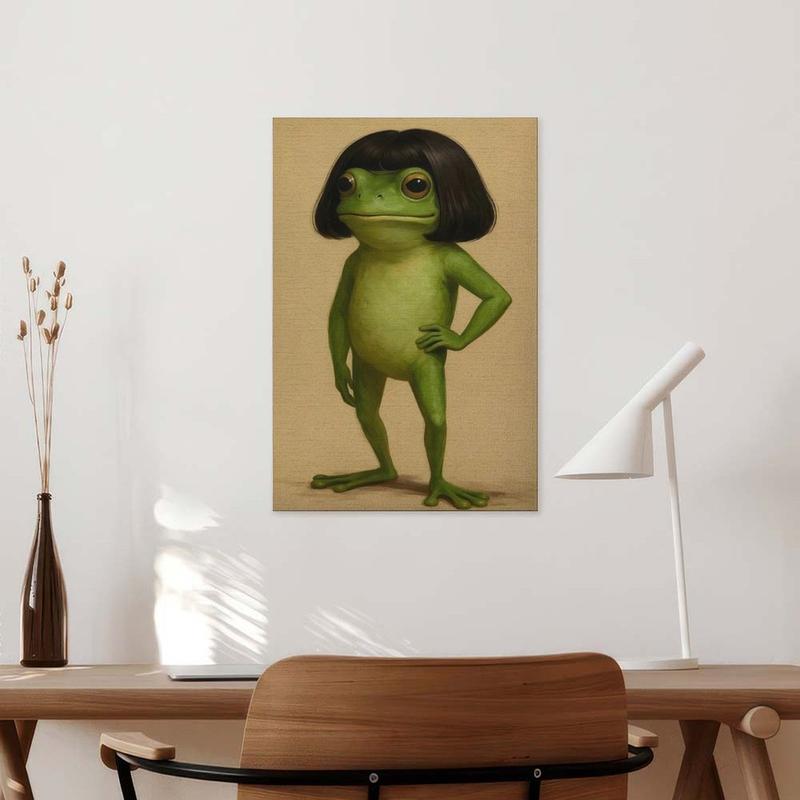 Whimsical Frog Portrait Canvas Poster Funny Animal Abstract  Mimalist Green  Funny Frog Poster Art Print Bob Haircut Kids Playroom Decor Frog Lover Gift Unique Wall Art quirky wall decor opossum humor artwork funny poster 24x  36 unique art decor posters