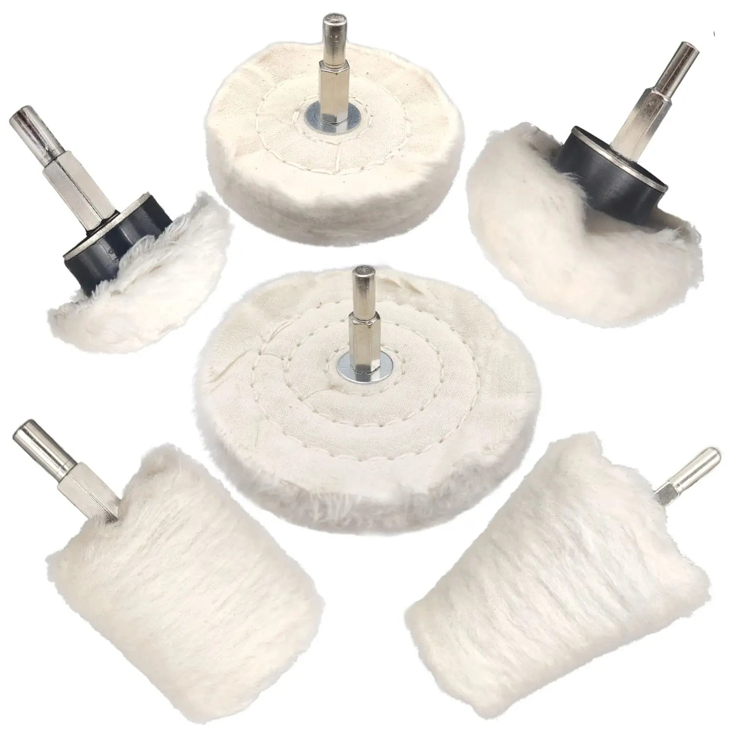 6-Piece Drill Buffing Wheel Kit - 1.57"(40mm) & 2"(50mm) High-Quality Cotton Wool Pads for Metal, Aluminum, Stainless Steel, Chrome, Jewelry, Wood, Plastic, Ceramics, Glass - Ideal for Cleaning, Polishing, Waxing - Home Care Squeegee Accessory