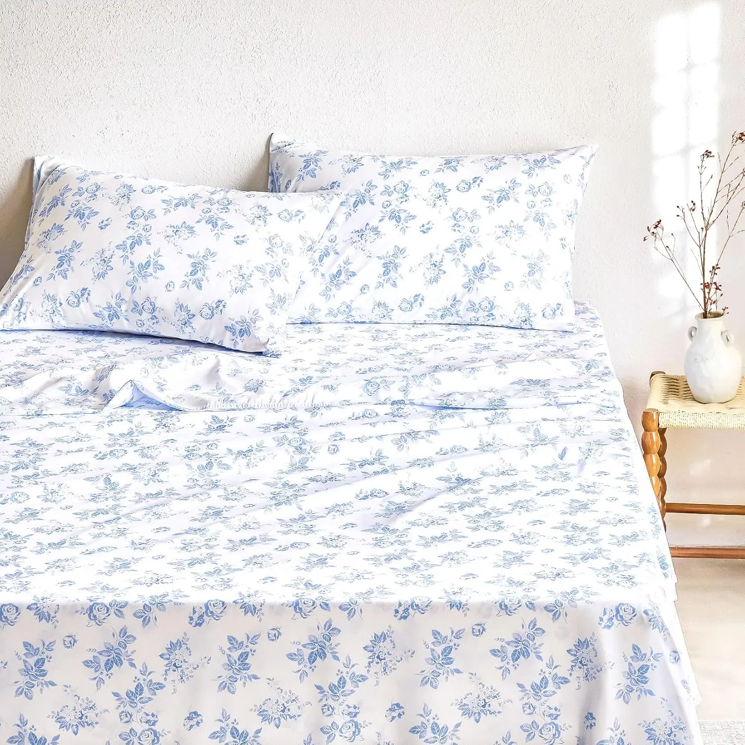 - Floral Bed Sheets, 4- Sheet Set, Shabby Chic Botanical  Cottagecore Vtage Flower  Prted Beddg, Deep Pocket, Light Blue,  Size