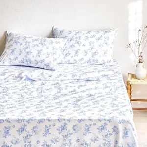 - Floral Bed Sheets, 4- Sheet Set, Shabby Chic Botanical  Cottagecore Vtage Flower  Prted Beddg, Deep Pocket, Light Blue,  Size