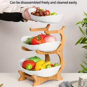 3-Tier Oval Fruit Basket with Bamboo Stand, Durable Polypropylene Kitchen Storage Rack with Natural Bamboo Finish, Modern Fruit Basket for Kitchen and Party Serving Tray, Display Riser
