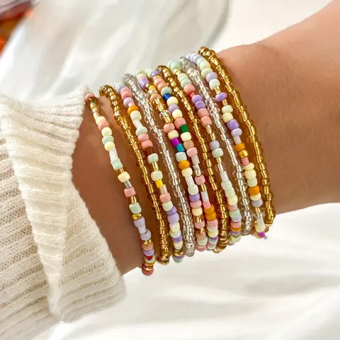 11PCS Bohemian Glass Handmade Elastic Rope Bead Combination Set Multi-Layer Mixed Color Rice Beads Stackable Bangle Chain Set Vintage Ethnic Beaded Accessories Beach Bracelet Jewelry Set