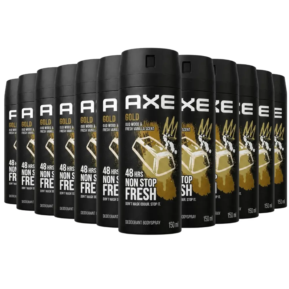 Pack of 12 AXE Gold Deodorant Body Spray for Men, Oud Wood & Fresh Vanilla Scent, 150ml