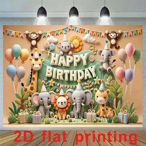 1pc 2D Flat Jungle Safari Birthday Backdrop - ft/ft Wildlife Theme Party Decoration with Cartoon Elephants, Giraffes, Zebra & More, Vibrant polyester Photo Booth Prop for Zoo, Celebrations, Deco
