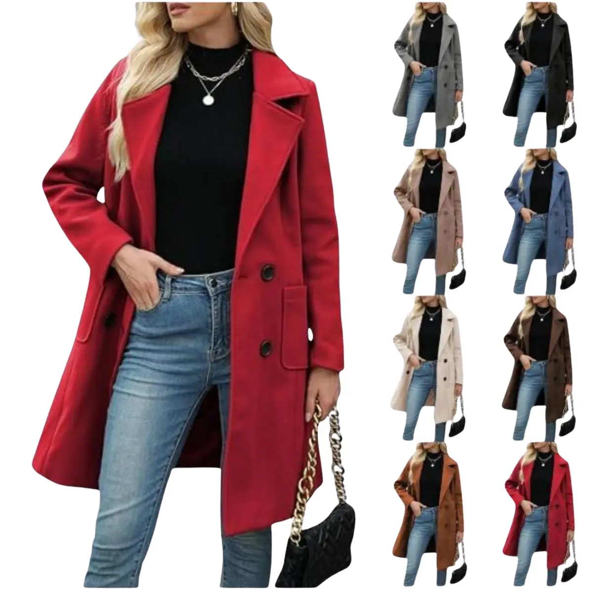Ommig Women's Chic Vintage Wool Blend Double-Breasted Coat - Fitted Cut, Business Work, Mid-Long Long-Sleeve Notch Lapel Winter Outerwear, Grey, Jackets, Office-To-Evening Wear In One Coat