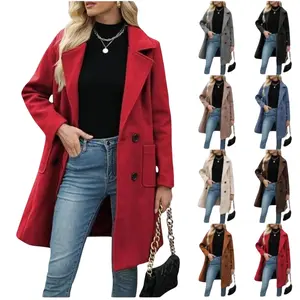 Ommig Women Winter Wool Blend Camel Mid-Long Coat Notch Double-Breasted Lapel Jacket Outwear