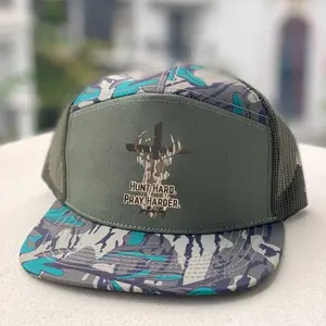 Christian Deer Hunting Camo Hat | Hunt Hard Pray Harder Cross 7-Panel Bottomland, Camouflage Baseball Cap Snapback Outdoorsman Gift For Working Men Hat