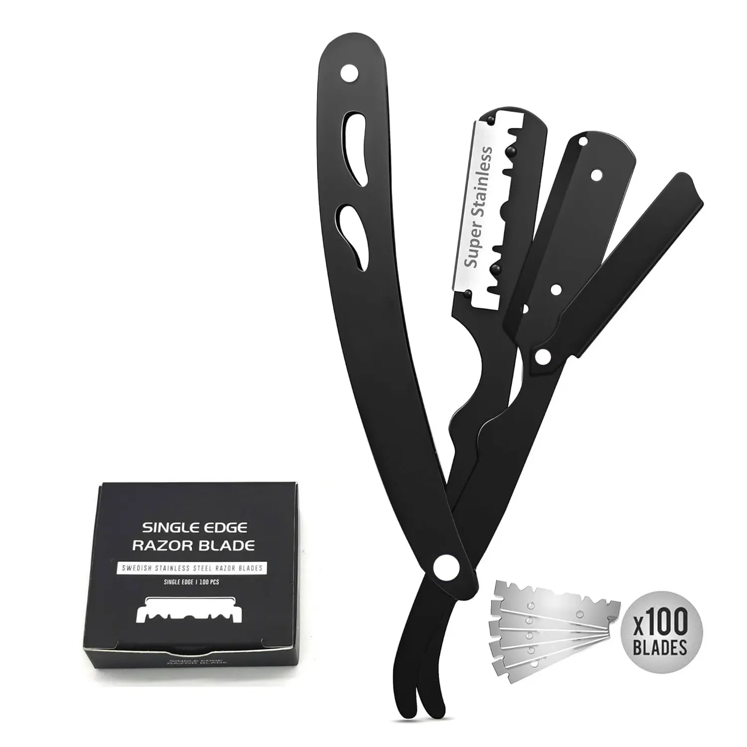 Professional Straight Razor for Men, Barber Straight Edge Razor Safety with 100 Pack Blades, Black