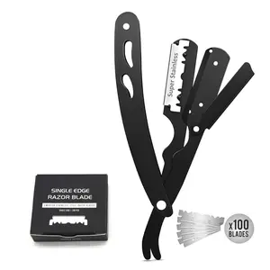 Professional Straight Razor for Men, Barber Straight Edge Razor Safety with 100 Pack Blades, Black