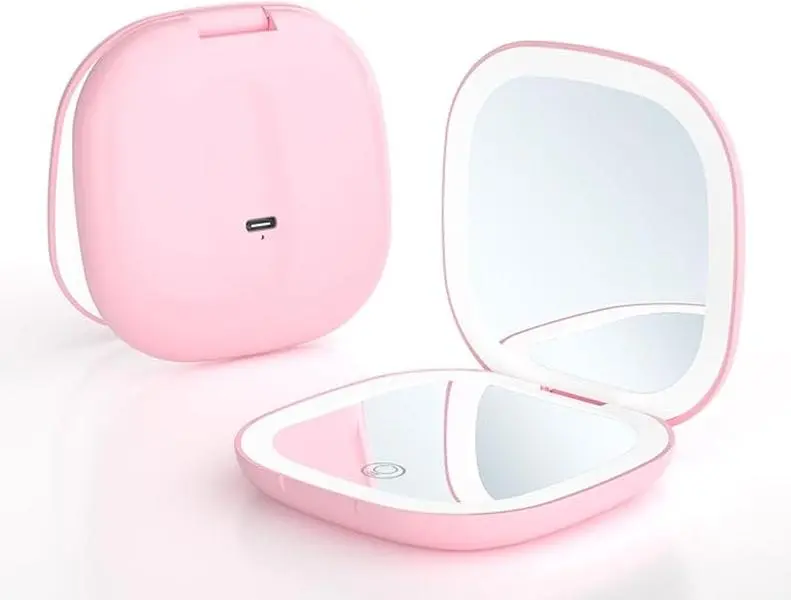 LED Lighted Mirror - Pink Compact Folding Travel Accessory for Women, Double-Sided with Adjustable Brightness, USB-Charging Mini Home Decor Item, Ideal Womens Gift for Sisters & Teen Girls
