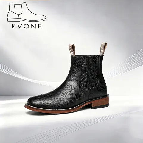 KVONE Men's Stylish Cuban Design Western Cowboy Chelsea Ankle Boots - Square-Toe, Closed-Toe, Rubber Sole, Fabric Upper, Vintage Classic Comfortable Versatile, All Seasons Work & Casual Outdoor Shoes (Khaki, Black)