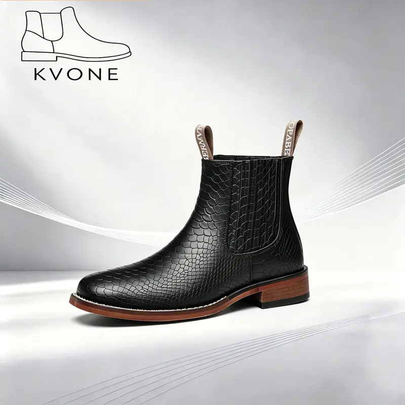 KVONE Men's Stylish Cuban Design Western Cowboy Chelsea Ankle Boots - Square-Toe, Closed-Toe, Rubber Sole, Fabric Upper, Vintage Classic Comfortable Versatile, All Seasons Work & Casual Outdoor Shoes (Khaki, Black)