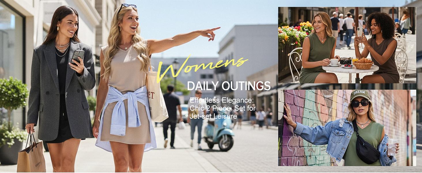 GRECERELLE 2026 Women Summer Casual 2 Piece Outfits Skort Sets Sleeveless V-Neck Top & Tennis Skirt with Pockets for Athletic